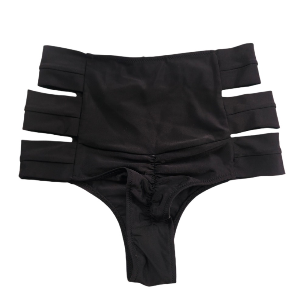 Cocoship Bikini Bottoms Womens Medium Black High Waisted Cut Out Ruched 6092